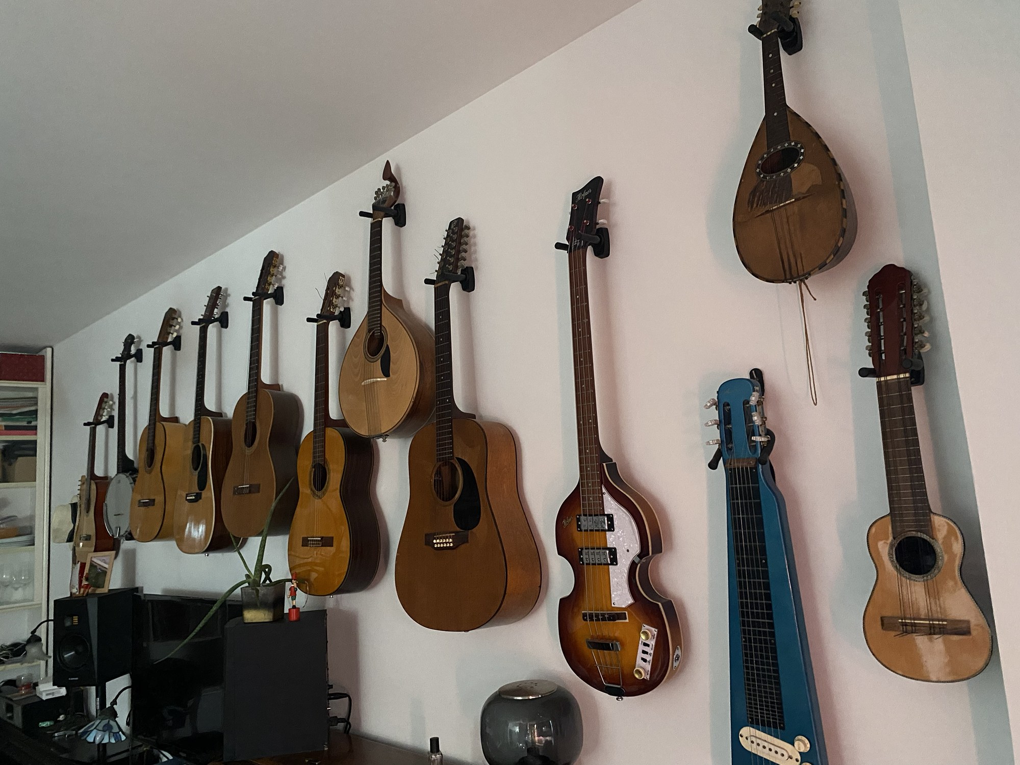 Collezione di chitarre, bassi, mandolini e strumenti a corda di Apricots Studio